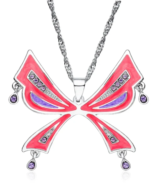 Collier grand papillon coloré en émail et cristaux, modèle corail-argente