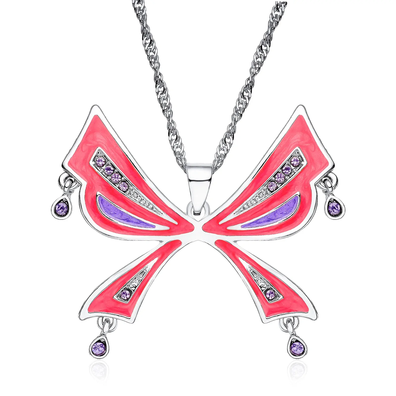 Collier grand papillon coloré en émail et cristaux, modèle corail-argente