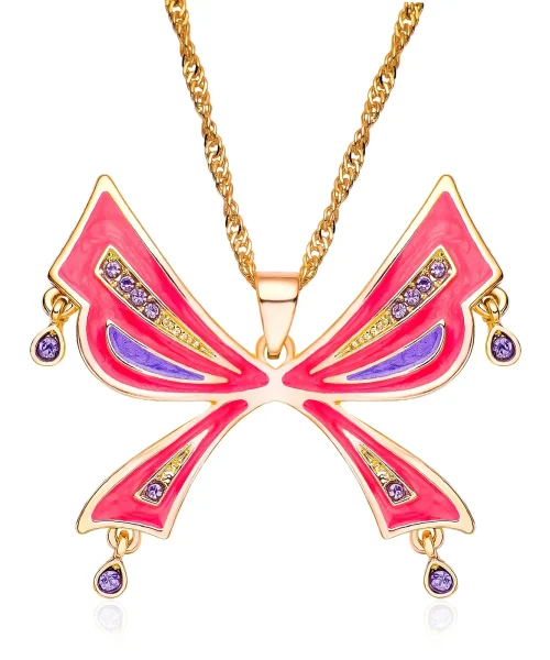Collier grand papillon coloré en émail et cristaux, modèle corail-dore