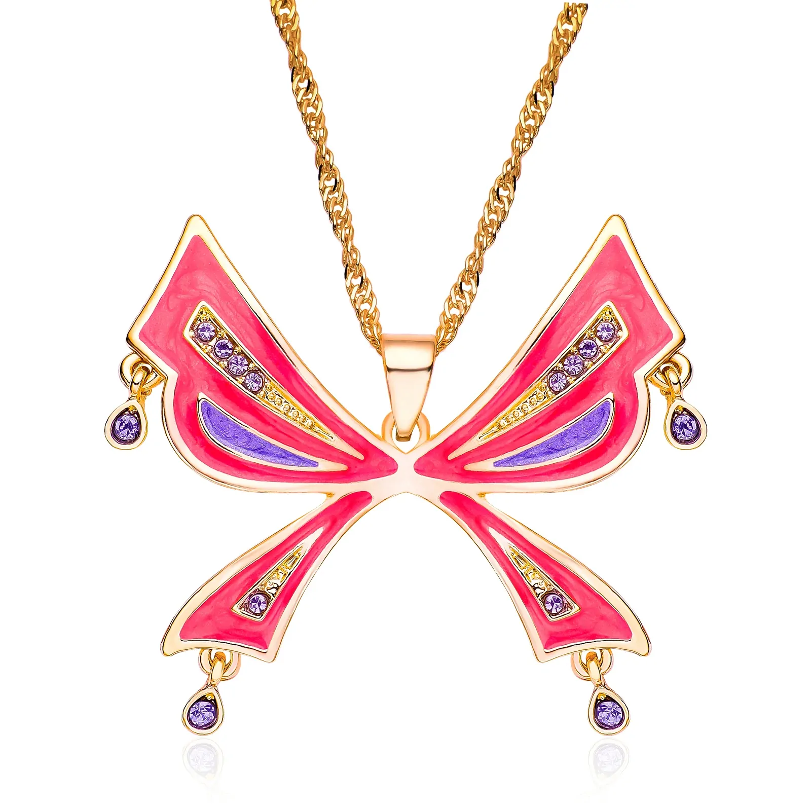 Collier grand papillon coloré en émail et cristaux, modèle corail-dore