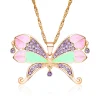 Collier grand papillon coloré en émail et cristaux, modèle rose-vert-dore