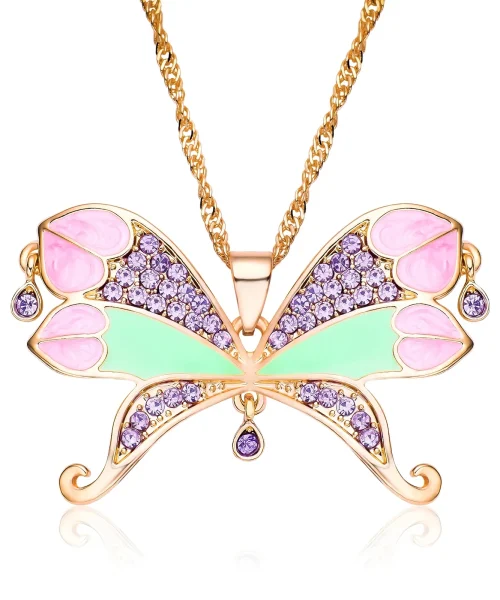Collier grand papillon coloré en émail et cristaux, modèle rose-vert-dore
