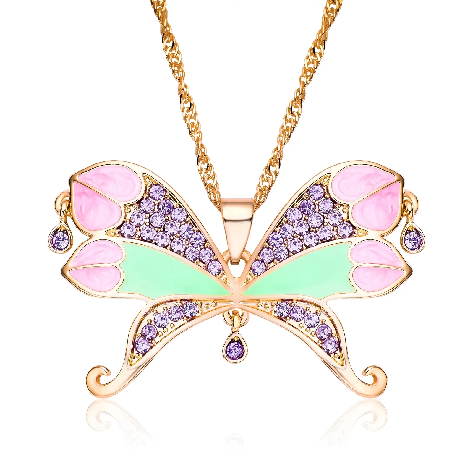 Collier grand papillon coloré en émail et cristaux, modèle rose-vert-dore