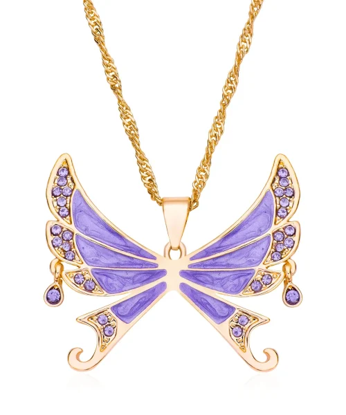 Collier grand papillon coloré en émail et cristaux, modèle violet-dore