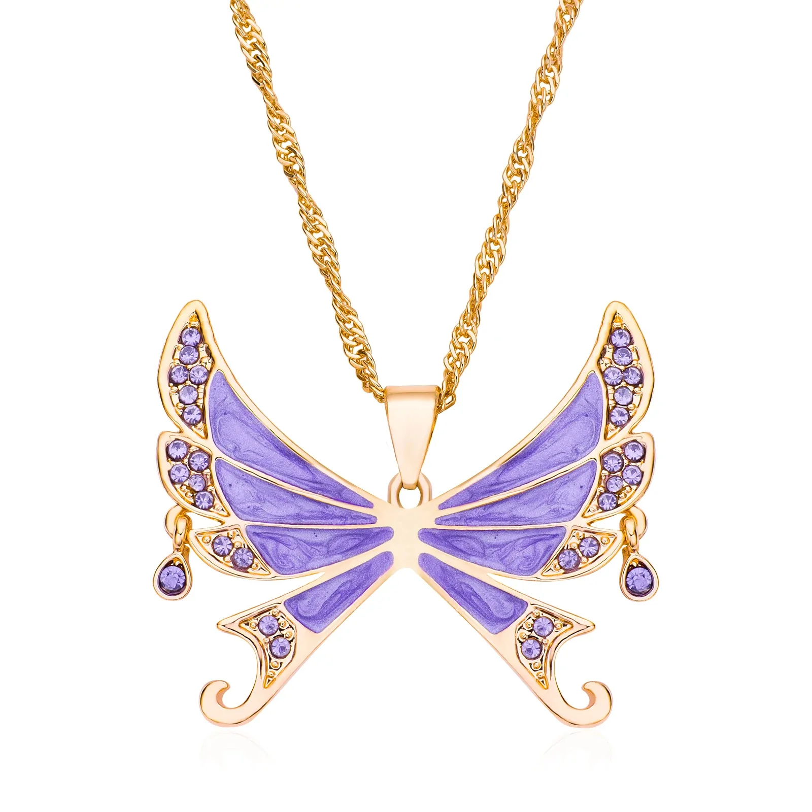 Collier grand papillon coloré en émail et cristaux, modèle violet-dore