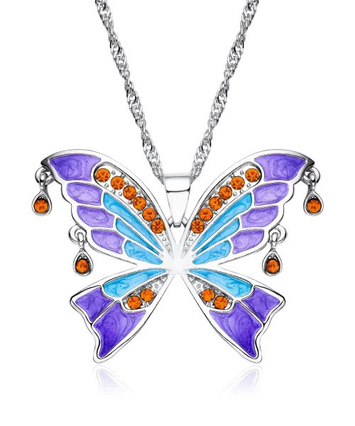 Collier grand papillon coloré en émail et cristaux, modèle violet-orange-argente