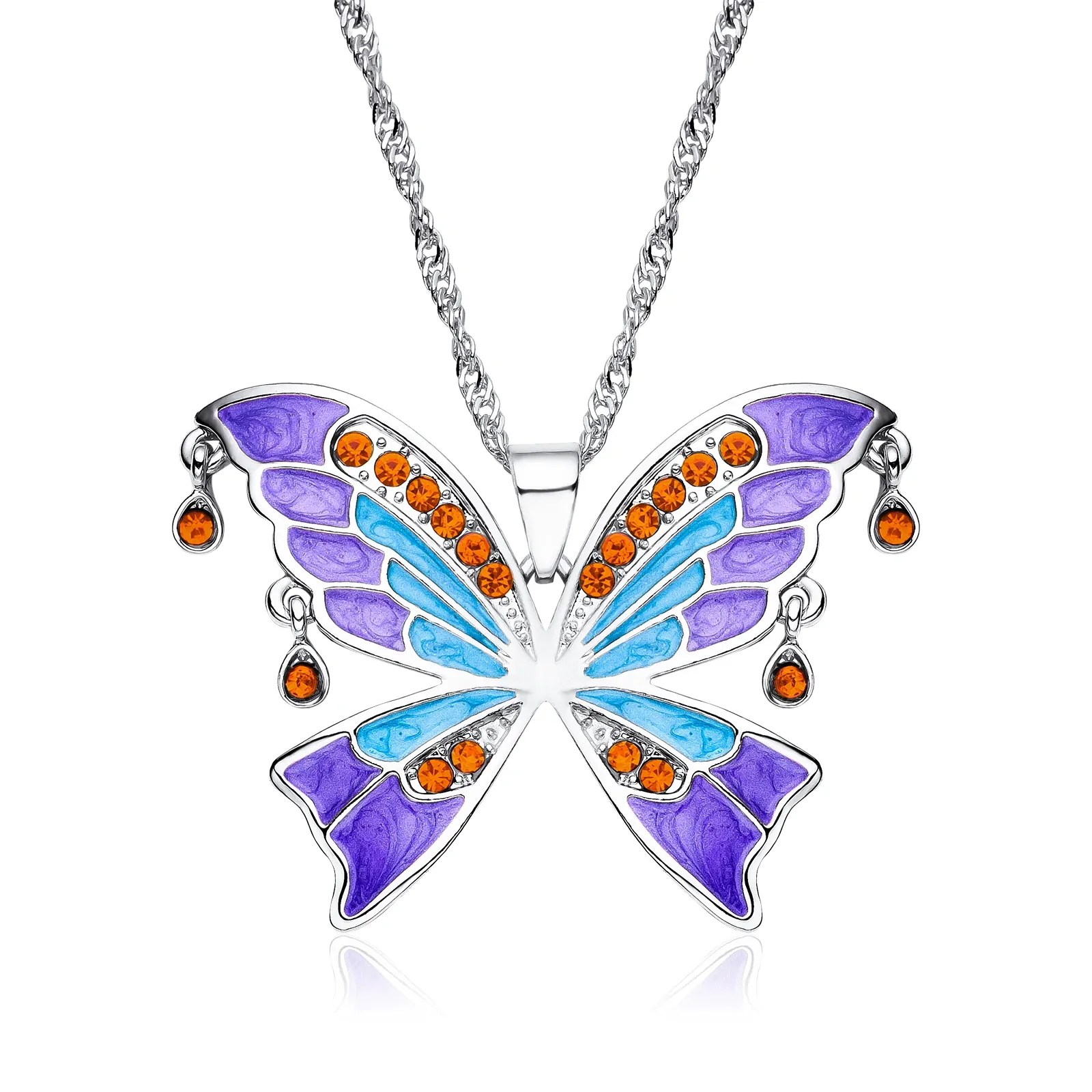 Collier grand papillon coloré en émail et cristaux, modèle violet-orange-argente