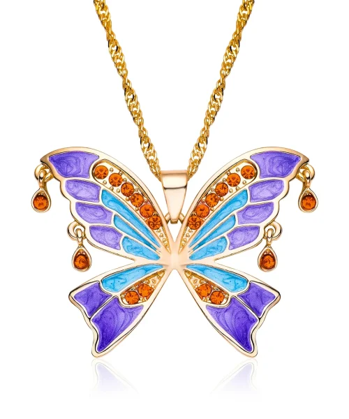 Collier grand papillon coloré en émail et cristaux, modèle violet-orange-dore