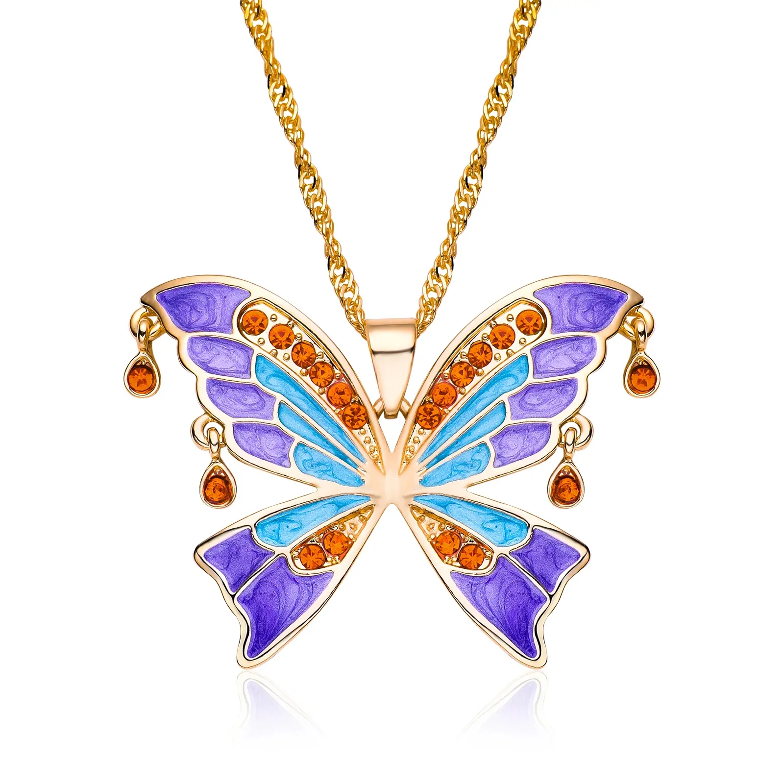 Collier grand papillon coloré en émail et cristaux, modèle violet-orange-dore