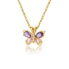 Collier papillon cristal doré, ailes violettes et roses en goutte, corps en zircons
