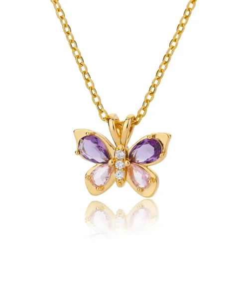 Collier papillon cristal doré, ailes violettes et roses en goutte, corps en zircons