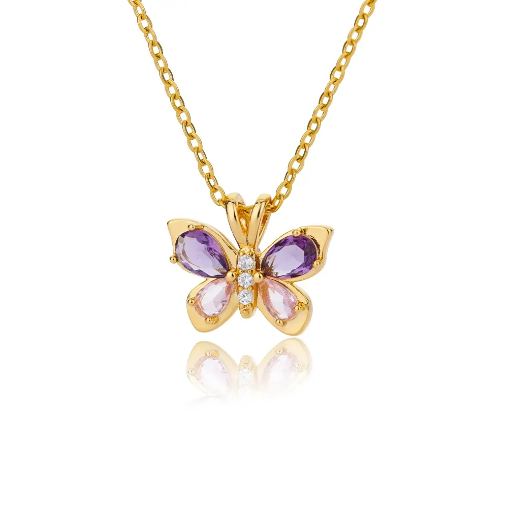 Collier papillon cristal doré, ailes violettes et roses en goutte, corps en zircons