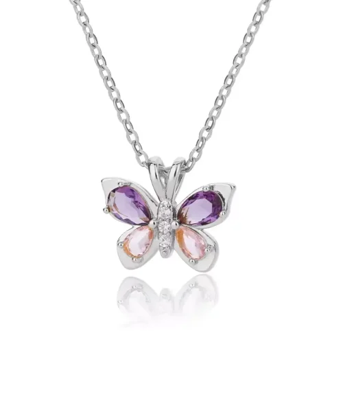 Collier papillon cristal argenté, ailes en gouttes violettes et roses, corps en zircons