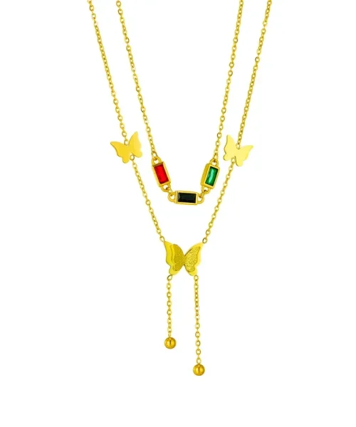 Collier papillon double rang doré en acier inoxydable, zircons colorés et pampille papillon