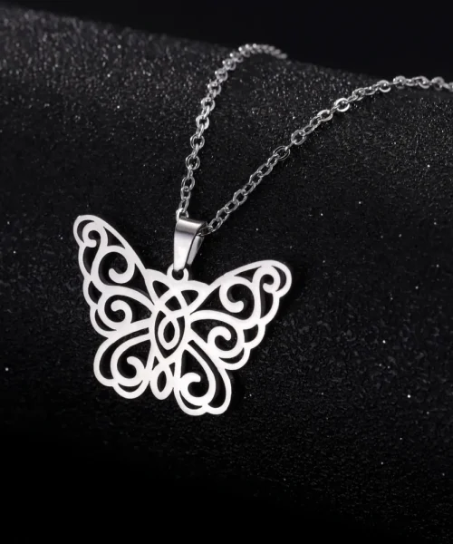 Collier Papillon Filigrane argenté, pendentif filigrane ajouré en arabesques en acier inoxydable