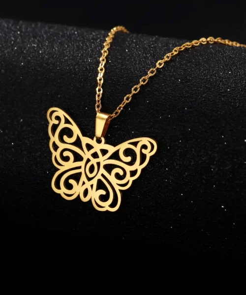 Collier Papillon Filigrane doré, pendentif filigrane ajouré en arabesques en acier inoxydable