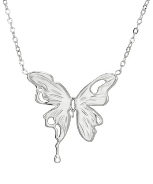 Collier papillon fondu argenté en acier inoxydable, papillon asymétrique effet métal fondu