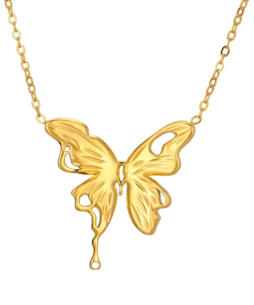 Collier papillon fondu doré, ailes ajourées aux contours ondulés et coulée en goutte