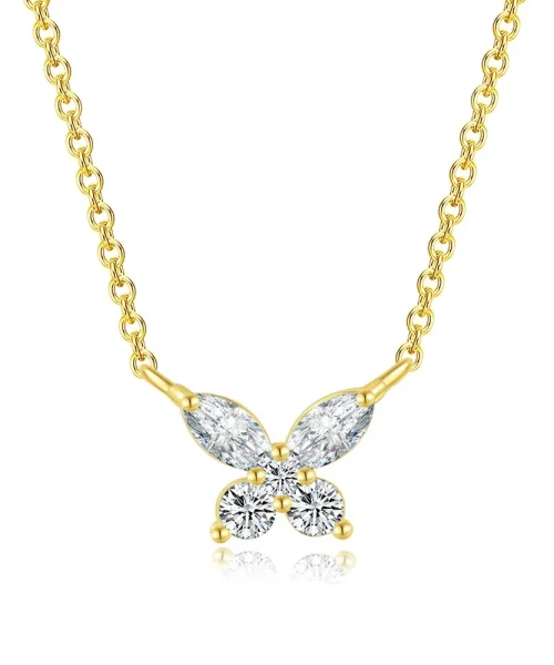 Collier papillon marquise plaqué or, deux zircons navette et deux zircons ronds