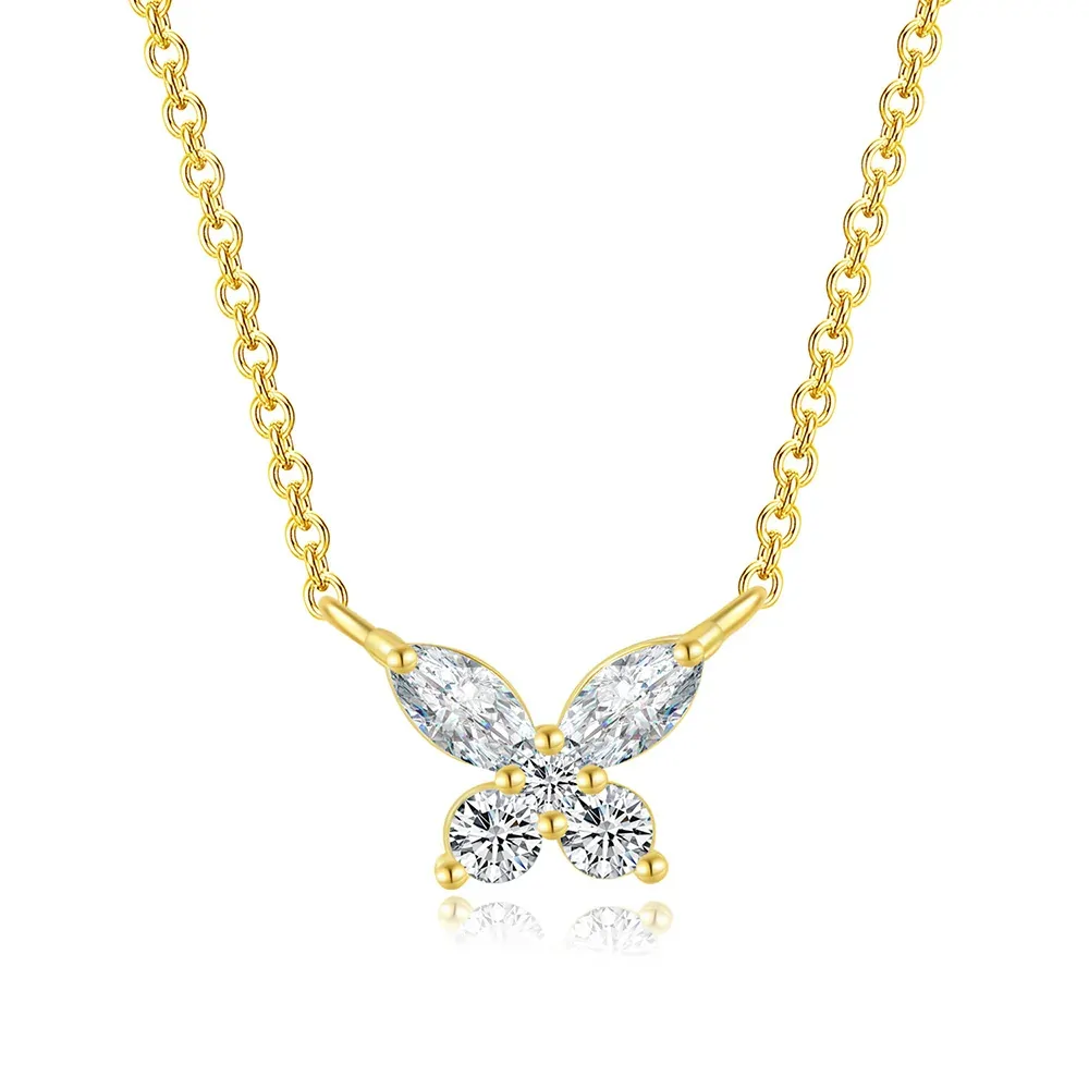 Collier papillon marquise plaqué or, deux zircons navette et deux zircons ronds