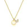 Collier papillon médaillon en argent doré, disque à papillon découpé et petit papillon serti de zircons