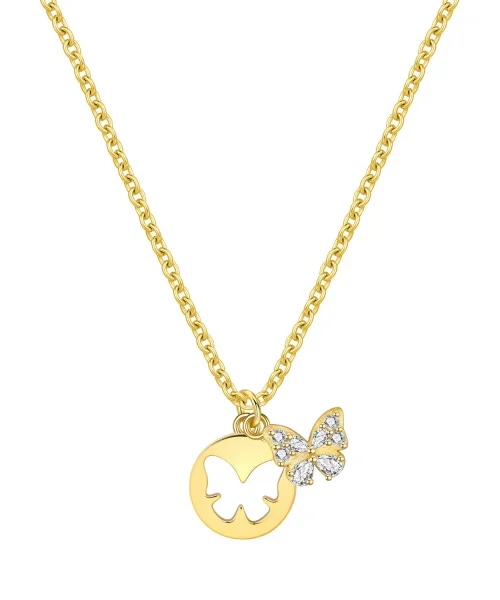 Collier papillon médaillon en argent doré, disque à papillon découpé et petit papillon serti de zircons