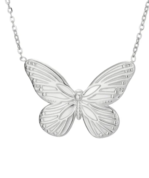 Collier papillon monarque argenté en acier inoxydable, ailes en relief