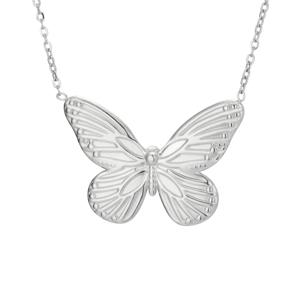 Collier papillon monarque argenté en acier inoxydable, ailes en relief