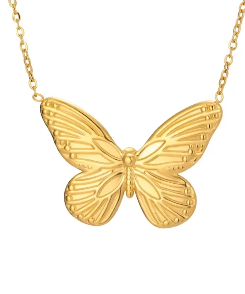 Collier papillon monarque doré, nervures en relief et bordure de points sur les ailes