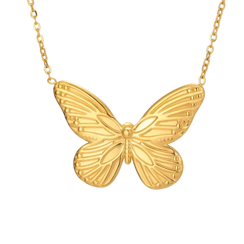 Collier papillon monarque doré, nervures en relief et bordure de points sur les ailes