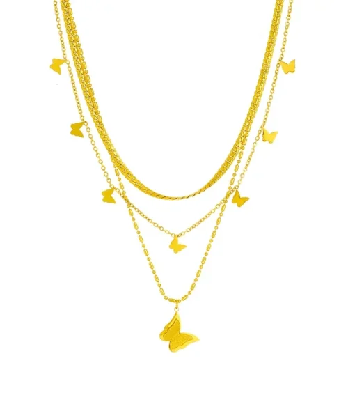 Collier papillon multirang doré en acier inoxydable, trois rangs superposés à papillons