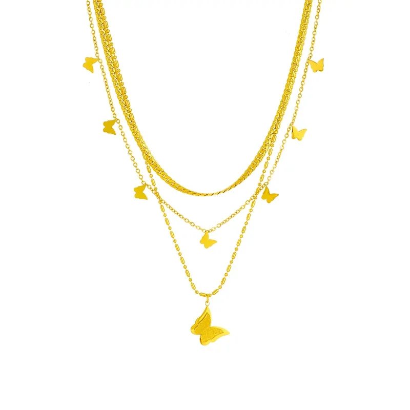 Collier papillon multirang doré en acier inoxydable, trois rangs superposés à papillons