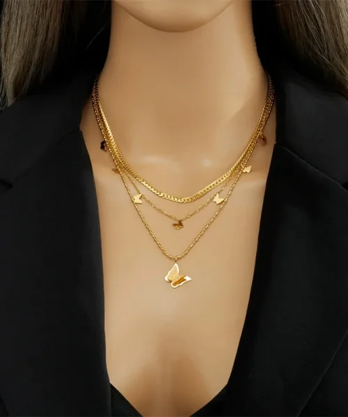 Collier papillon multirang doré en acier inoxydable, trois rangs superposés à papillons