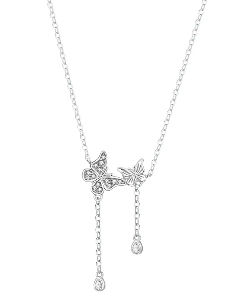 Collier papillon pampille en argent 925, deux papillons et gouttes de zircon pendantes