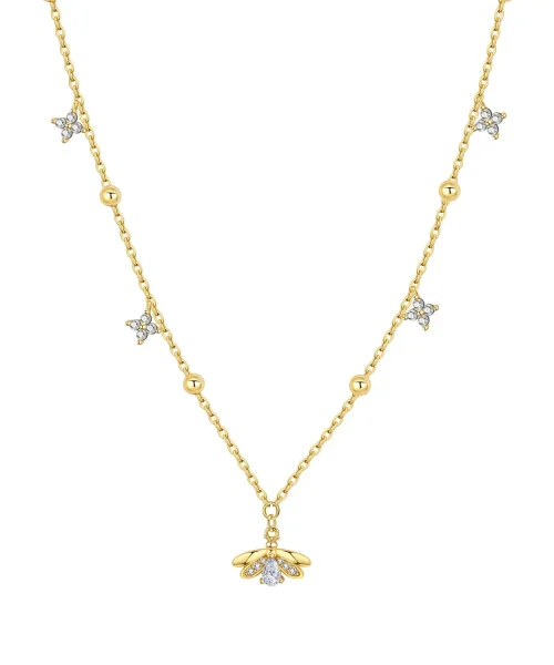 Collier papillon perlé en argent doré, chaîne à billes et motifs de zircon