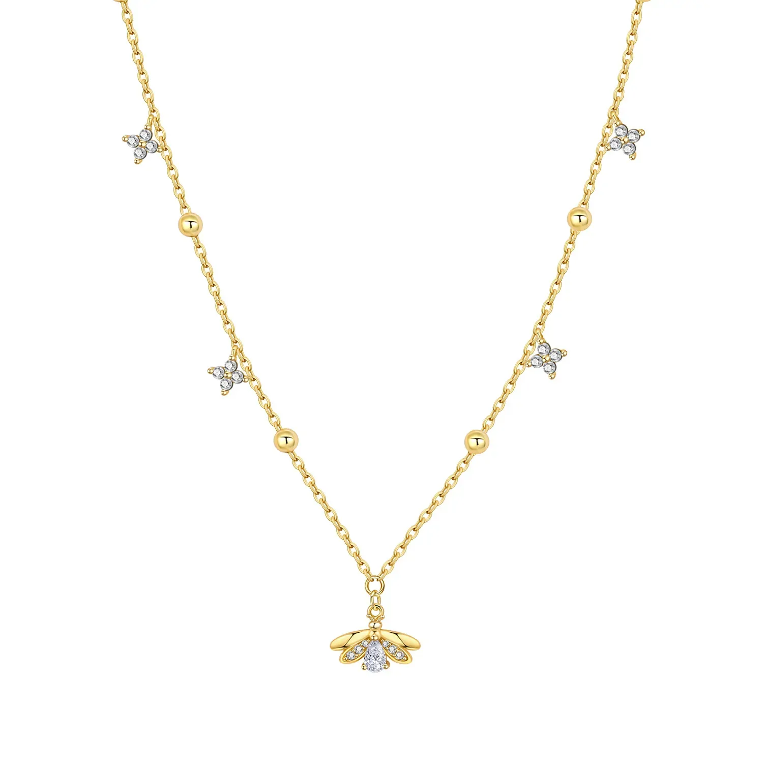 Collier papillon perlé en argent doré, chaîne à billes et motifs de zircon
