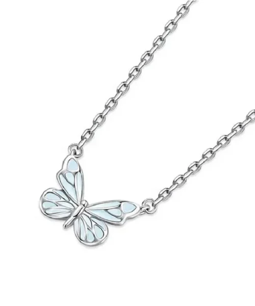 Collier papillon phosphorescent argenté, pendentif papillon bleu glacier qui brille dans le noir
