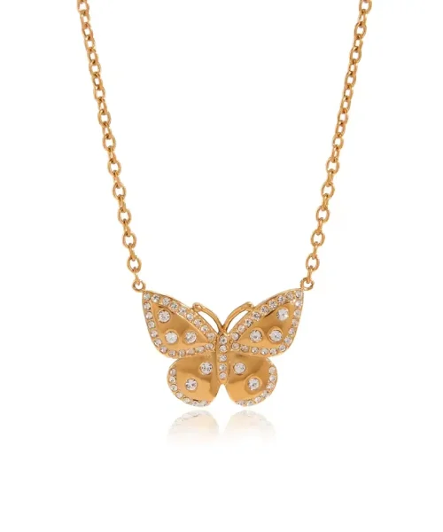 Collier papillon plaqué or 18 carats, papillon poli semé de pierres cristal et bordé de petites pierres