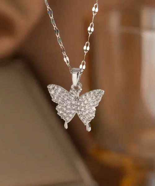 Collier papillon zircon en acier inoxydable, pendentif pavé, finition argentée