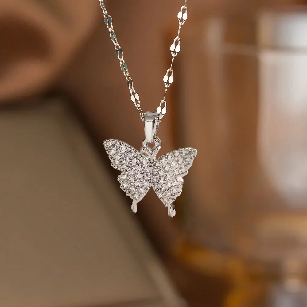 Collier papillon zircon en acier inoxydable, pendentif pavé, finition argentée