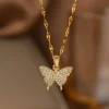 Collier papillon zircon en acier inoxydable, pendentif pavé, finition dorée