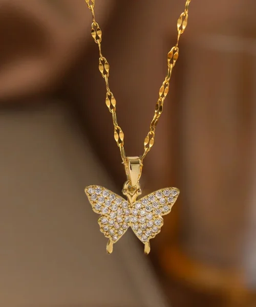 Collier papillon zircon en acier inoxydable, pendentif pavé, finition dorée