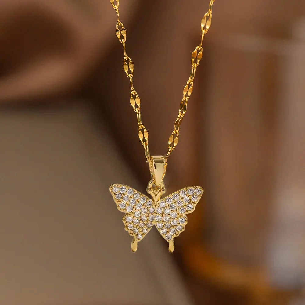 Collier papillon zircon en acier inoxydable, pendentif pavé, finition dorée