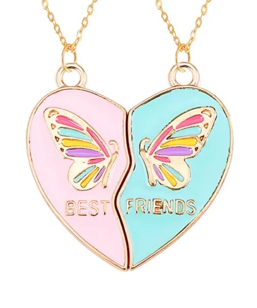Colliers d amitie papillon best friends, duo coeur pastel rose et turquoise