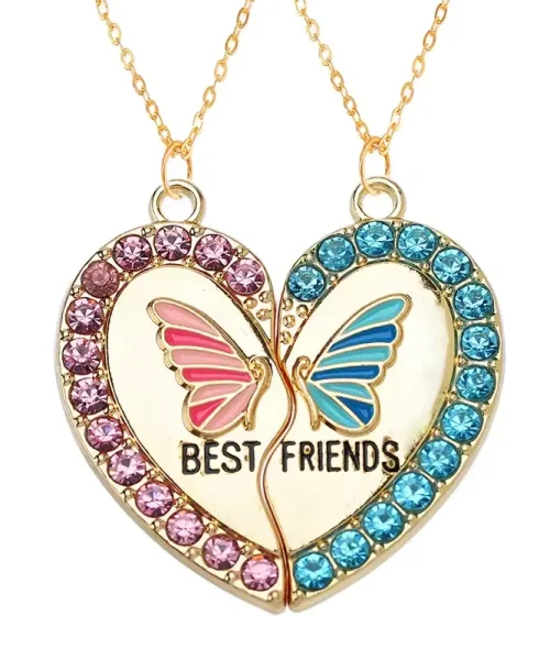 Colliers d amitie papillon best friends, duo coeur borde de strass