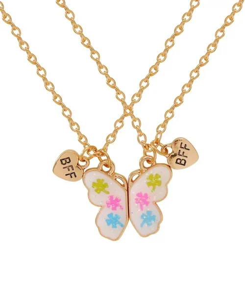 Colliers BFF papillon, duo demi-papillon blanc paillete et coeurs Best Friends dores