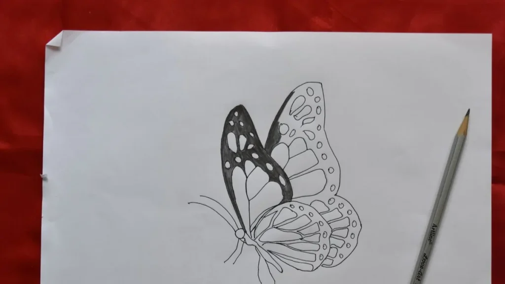 Dessin de papillon au crayon sur une feuille de papier