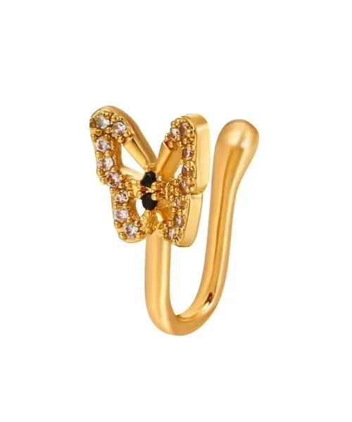 Faux piercing nez papillon doré, clip en U et papillon ajouré bordé de petites pierres