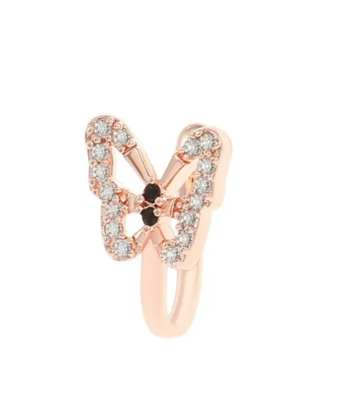 Faux piercing nez papillon or rose, ailes ajourées serties et corps de deux pierres noires