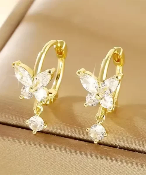 Huggies papillon zircon dorées, mini-créoles à papillon serti et zircon pendant